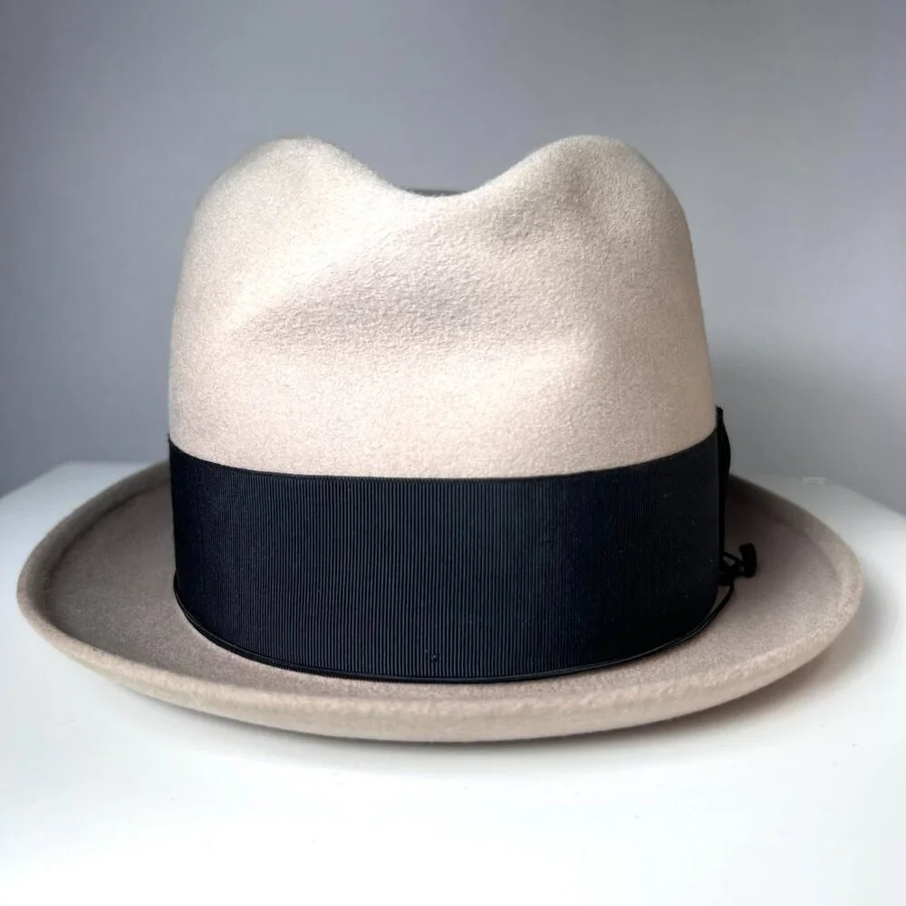 BORSALINO Vintage Beige Fedora Hat with Black Silk Ribbon, Made in Italy